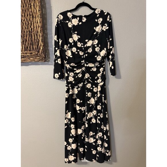 Maggy London Midi Dress 14 Black Pink Ivory Floral Ruched 3/4 Long Sleeve NEW - Picture 12 of 16